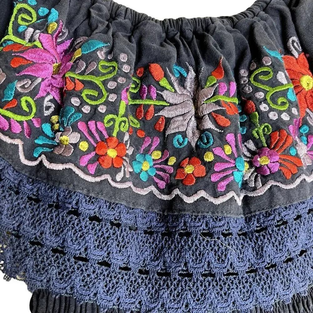 Artisan Mexican Embroidered Campesina Peasant Dress Girls 7-8 Black Boho